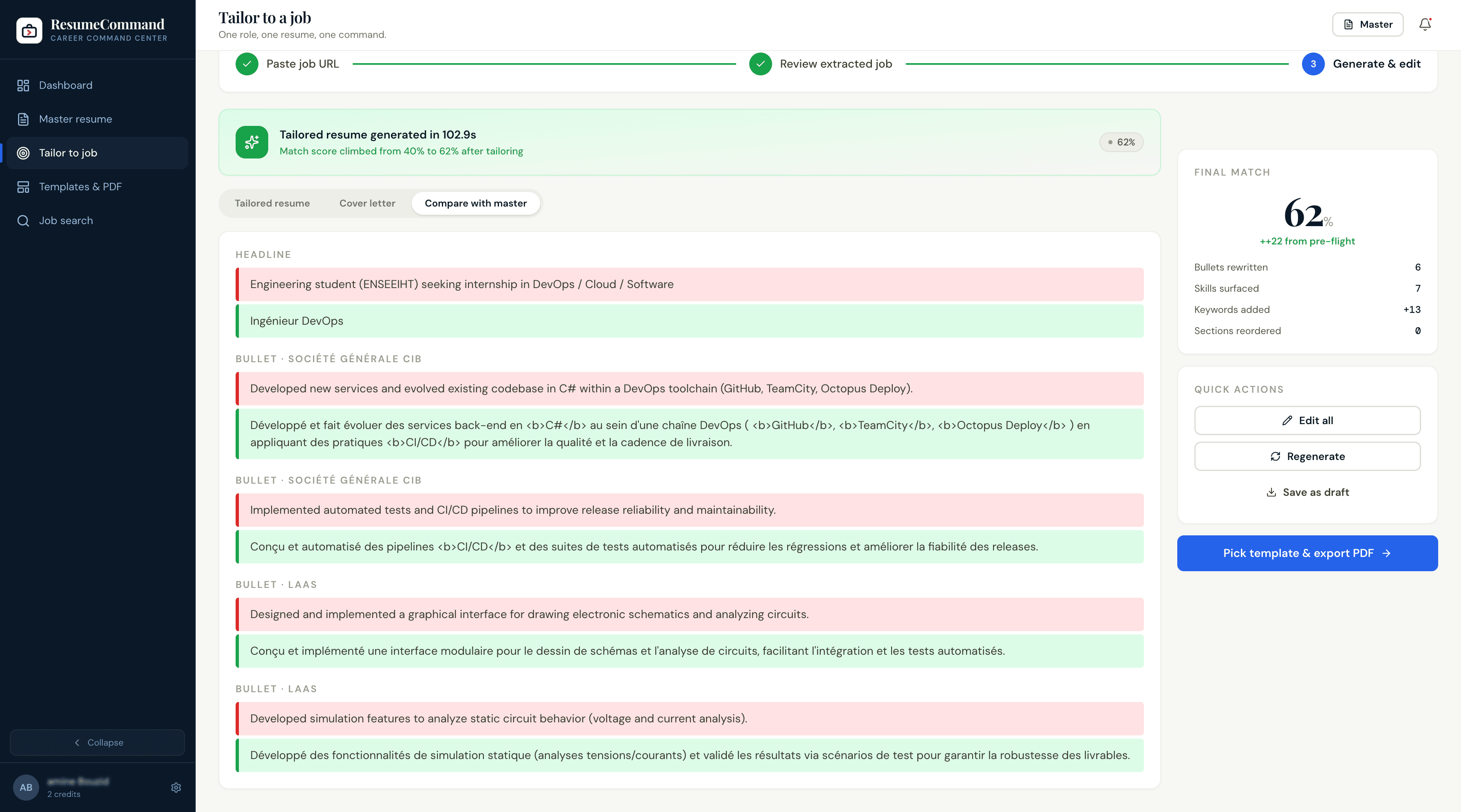 Personnalisation du CV — comparaison avant/après