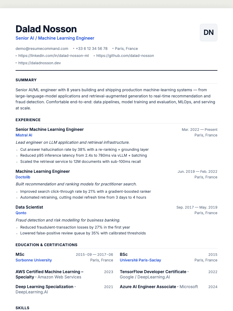 Aperçu du modèle de CV Compact