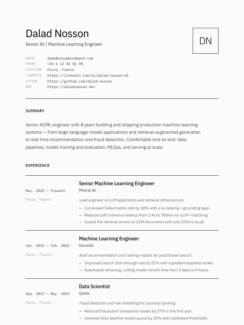 Aperçu du modèle de CV Minimal