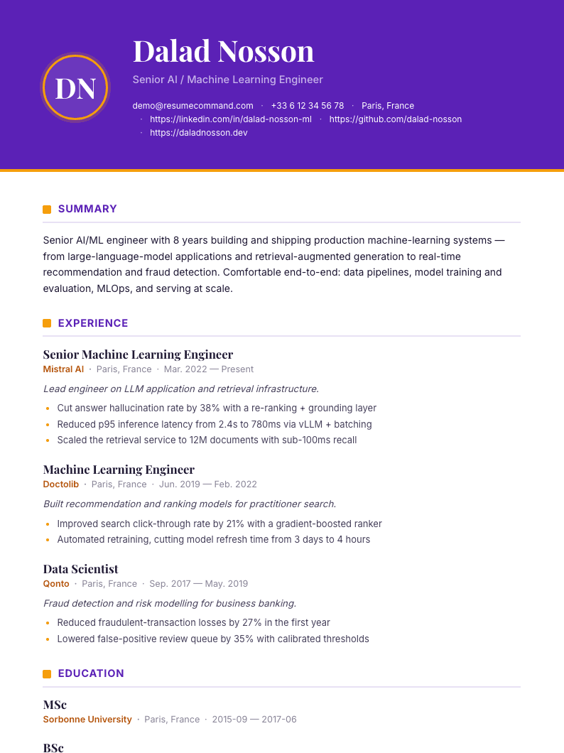 Aperçu du modèle de CV Vivid