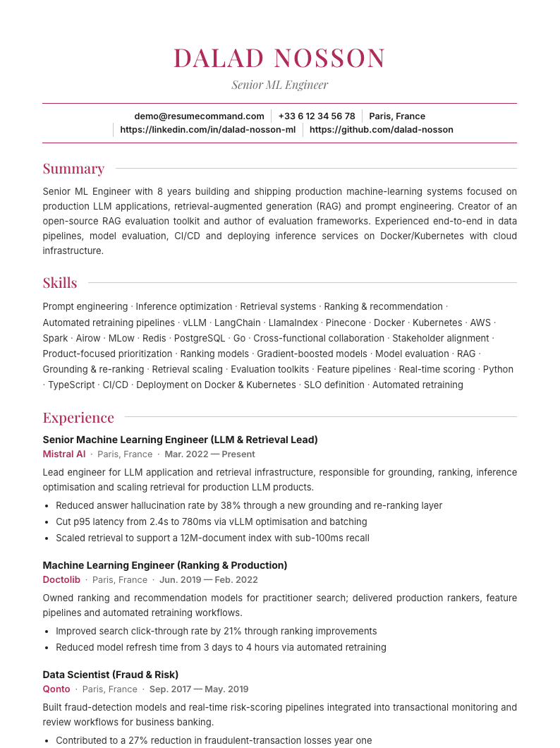 Aperçu du modèle de CV Crimson
